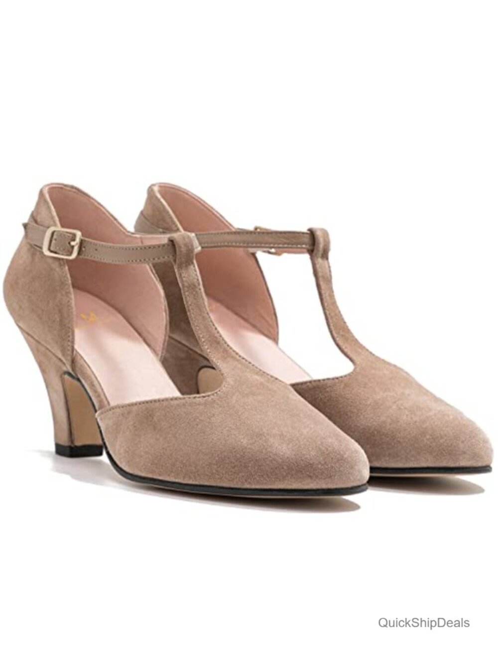 Elegant Kitten Heel Mary Jane Pumps Ankle T-Strap Cut-Out Suede Work Dress Shoes